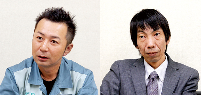 営業本部 営業二部 工事グループ 本社チーム【左】主任 伴 宗範(ばん むねのり)【右】係長 隅田 昌伸(すみだ まさのぶ)