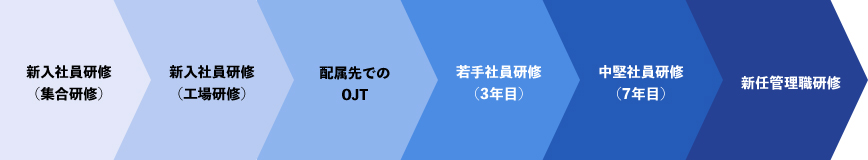新入社員研修(集合研修)、新入社員研修(工場研修)、配属先でのOJT、若手社員研修(3年目)、中堅社員研修(7年目)、新任管理職研修